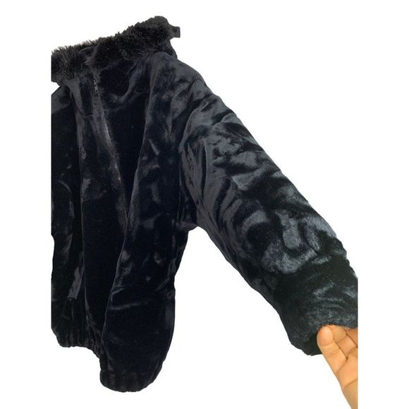 Jacobson's Vintage Faux Fur Zip Jacket Size 14 EUC Hood Black Plush Winter 6404 - Picture 4 of 10